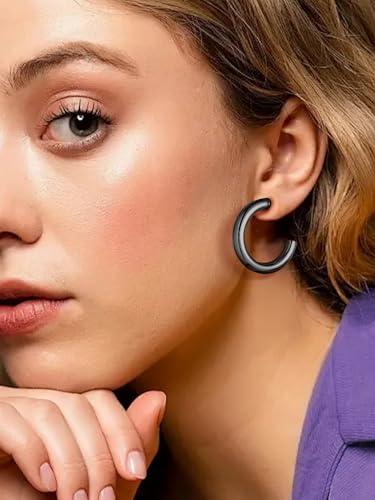 PROSTEEL Chunky Hoop Earrings for Women 14K Gold Plated/Black/Silver | 20/30/40/50/60/70/80mm Stainless Steel Thick Big Round Hoop with Waterproof and Non Tarnish Trendy Jewelry with Gift Box - color: 2. Black, size: 30MM