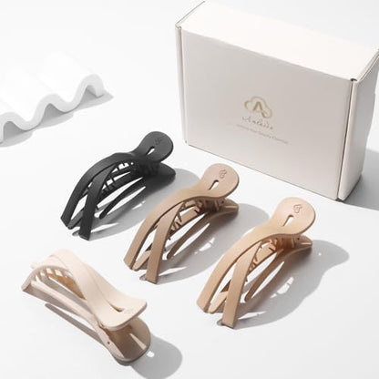 Large Flat Hair Clips for Women, French Flat Claw Clips for Medium Thick Hair | Strong Hold Hair Clips for Styling, Driving, Daily Wear | Beige, Light Dark Khaki, Black - 4Pcs - color: Black, Dark Khaki, Light Khaki, Beige