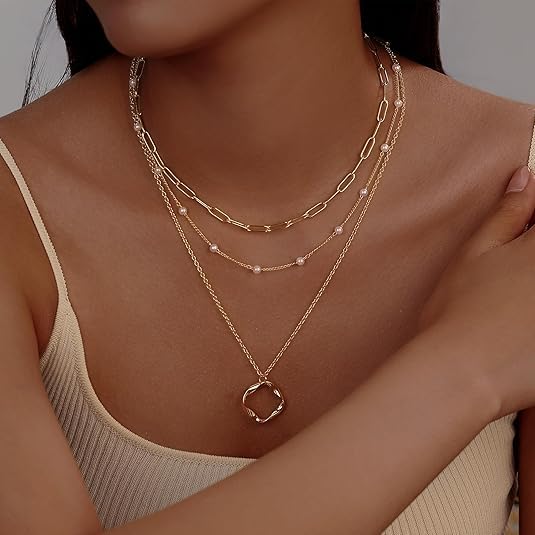 Evabelle Gold Layered Necklace for Women Trendy Jewelry 14K Real Gold Plated Chunky Chain Stackable Necklaces Dainty Choker Necklaces Rectangle Square Pendant - color: Gold Necklace 25
