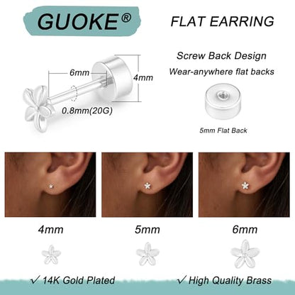 3 Pair Tiny Flat Back Earrings for Women - 14K Gold/White Gold Plated Dainty Cute Small Screw Flatback Stud Earring, Everyday Wear Gift - color: Flower Flat-4/5/6mm Silver