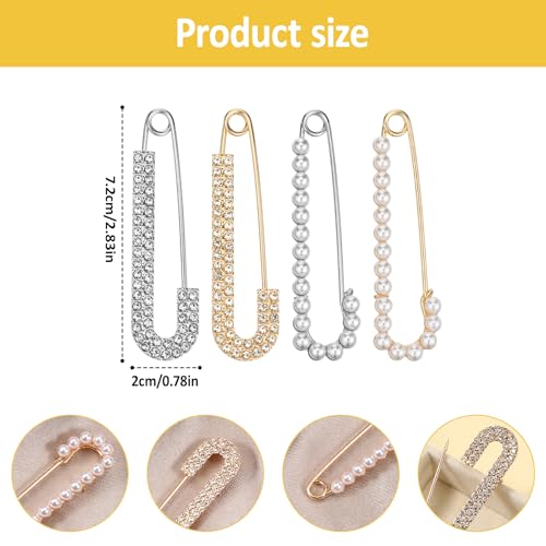 Safety Pin Brooch Decorative Brooch Pins for Women Clothing | Crystal Shawl Brooches for Women Shawl Shirt Dress Clips Pearl Pins Jewelry Sweater Clips Gold Silver