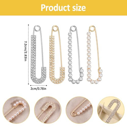 Safety Pin Brooch Decorative Brooch Pins for Women Clothing | Crystal Shawl Brooches for Women Shawl Shirt Dress Clips Pearl Pins Jewelry Sweater Clips Gold Silver