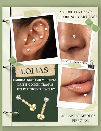 LOLIAS 4Pairs Moissanite Flat Back Earrings Hypoallergenic Nose Rings Studs | Threadless,Push in,Flatback,Surgical Steel,Cartilage Helix Tragus Labret Piercing Jewelry,Taper Ball Grabber Tool 20G 18G 16G - color: Gold, size: 16G