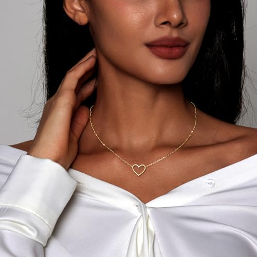 Zeffy Dainty Gold Heart Necklace for Women Trendy 14K Gold/Silver Plate Cute Heart Pendant Choker Necklaces Gold Love Heart Chain Necklace for Women Dainty Gold Jewelry Gifts for Women - style: Open Heart Necklace-Gold