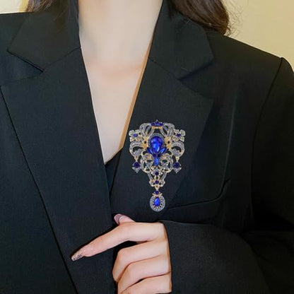 YOQUCOL Retro Austrian Crystal Big Brooch Pin for Women Large Flower Shape Brooches Lapel Pins for Sweater,Coat Dress Accessories - color: A-Blue