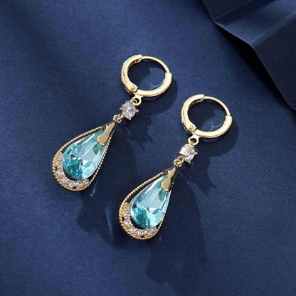 Trendy Austrian Crystal Teardrop Drop Huggie Dangle Earrings for Women 14k Rose Gold Plated Hypoallergenic Jewelry Gifts - color: Aquamarine