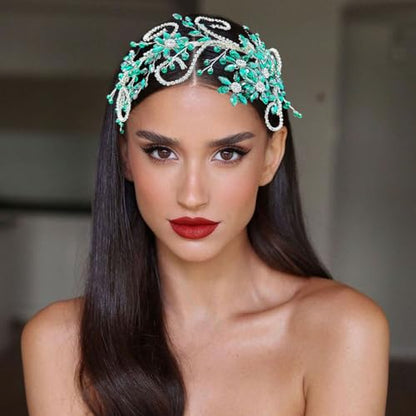 Rhinestone Bride Headband, Wedding Headpiece for Brides, Bridal Hair Accessories(Green) - color: Green