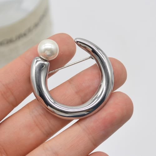 Crescent Round Hollow Out Brooch Lapel Pin for Women Girls - Simulated Pearl Moon Geometric Circle Shawl Brooches Sweater Scarf Dress Suit Corsage Clothes Decorations Pins Elegant Jewelry Wedding Prom