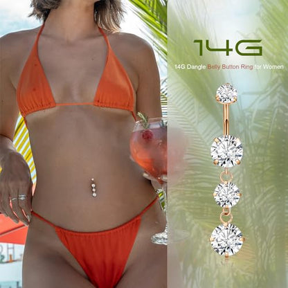G23 Titanium Dangle Belly Button Rings for Women Dangling Navel Rings CZ Belly Rings Curved Barbell Internally Threaded Belly Piercing Jewelry - color: Rose Gold