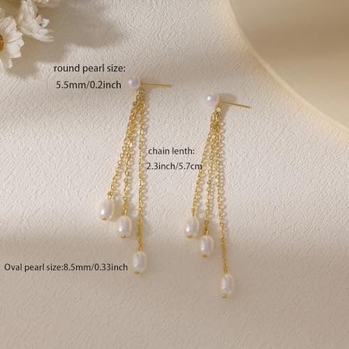 Gold Earrings for Women, 14K Gold Plated Tassel Dangle Earrings for Women Trendy Hypoallergenic Long Chain Earring Dainty Pearl Drop Earrings Elegant Wedding Earring Fashion Jewelry for Womens - color: Pearl&Style 1