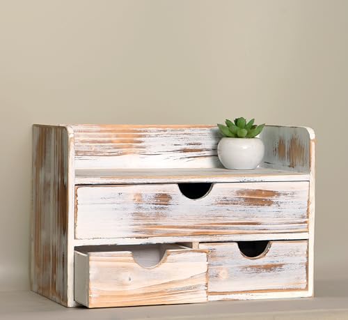 Vintage Rustic Brown Wooden 3 Drawer with Shelf Office Desk Organizer & Mail Rack For Desktop,Box for Office Home Toiletries Supplies Vanity, No Assembly Required (Rusitc White) - color: Rusitc White