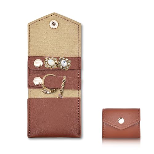 Mini Travel Jewelry Roll Bag with Buckle, Foldable Multifunctional Mini Travel Jewelry Case, Small Jewelry Roll Storing Rings, Necklaces, Earrings (Brown) - color: Brown