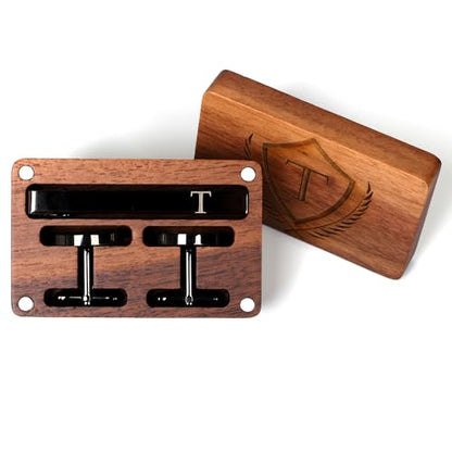 Mens Initial Cufflinks and Tie Clip A-Z Alphabet Letter Black Stainless Cuff Links Tie Bar with Engraved Walnut Wood Box Groom Groomsman Wedding Set - style: Classic-T