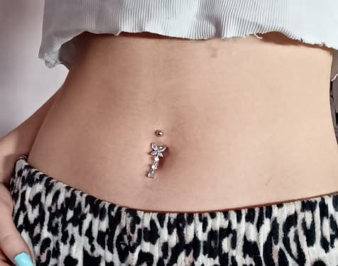 MODRSA Gold Belly Button Ring Dangle Belly Rings Silver Pink Dangling Dangly Belly Button Piercing Hypoallergenic Surgical Steel Opal Butterfly Navel Rings for Women Cute Dainty Navel Jewelry - color: A41-3pcs dangle- silver