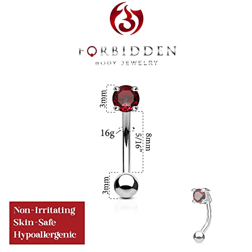 Forbidden Body Jewelry 16g 8mm Surgical Steel Curved Barbell w/Solitaire CZ for Daith, Eyebrow & Rook Piercings - color: Steel/Red