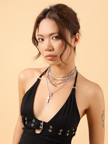 Sacina Goth Layered Cross Choker Necklace, Gothic Punk Grunge Emo Necklace, Christmas Jewelry Gift for Women - color: Silver