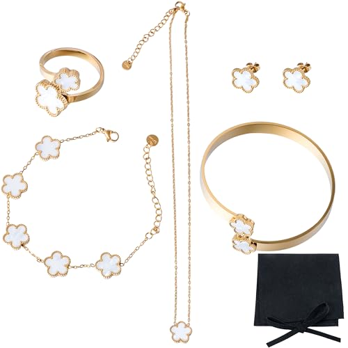 Lucky Flower Alloy Jewelry, Lucky Flower Design Necklace Earrings Bracelet Bangle Ring Jewelry Set, Clover Gold Plated Chain Wrap Ornament & Plush Pouch for Women - color: White
