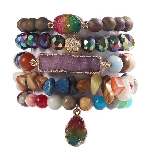 Yomisa 5PCS 6PCS Natural Boho Beaded Bracelets/Bangle for Women Men,Healing Turquoise Jasper Agate Crystal Gemstone Stone Chakra Multilayer Wrap Bohemian Handmade Jewelry Beads Stretch Bracelet Set - color: 5PCS-Colorful