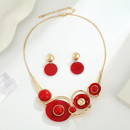 Chunky Statement Jewelry Set Vintage Retro Leaf Flower Floral Geometric Bohemian Boho Bib Necklace Earring Set Fashion Costume Jewelry for Women Girls Wedding Party Prom Unique Gift - style: circle JS gold red