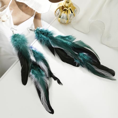 Bohemian Long Feather Earrings for Women Handmade Natural Dangle Tassel Jewelry - color: Style T