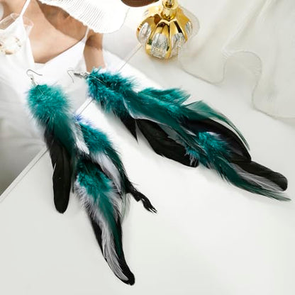 Bohemian Long Feather Earrings for Women Handmade Natural Dangle Tassel Jewelry - color: Style T