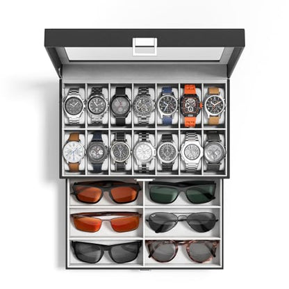 Watch Case Box for Men - 14 Slots Watch Display Organizer with Glass Lid, Double Layer PU Leather Jewelry Storage with Drawer, Gift for Husband Boyfriend Dad, Black - size: 14 Slots, Black