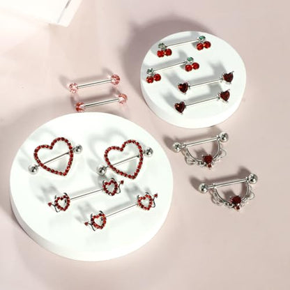TIANCI FBYJS 6 Pairs Nipple Rings Stainless Steel Heart Butterfly Moon Flower CZ Stud Barbell Tongue Rings Set Cute Nipplerings Piercing Jewelry for Women Pink Tone - color: red
