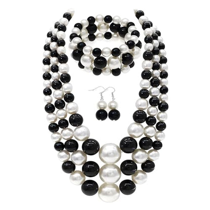 JNF Faux Pearl Statement Necklaces Big Beaded Necklace for Women Chunky Pearls Necklace and Earring Set Large beads Costume Necklace - color: Black white pearl necklace