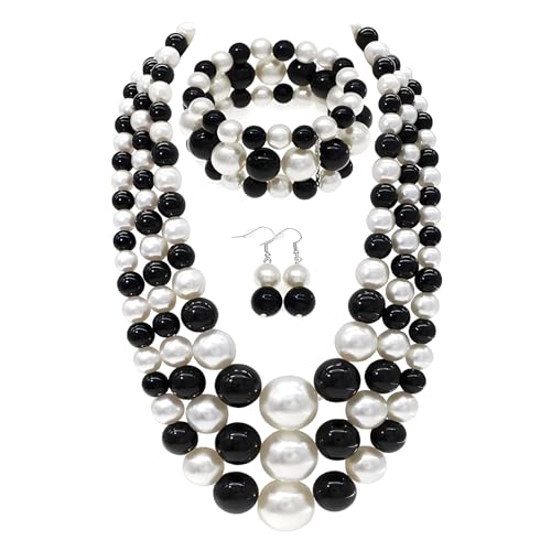 JNF Faux Pearl Statement Necklaces Big Beaded Necklace for Women Chunky Pearls Necklace and Earring Set Large beads Costume Necklace - color: Black white pearl necklace