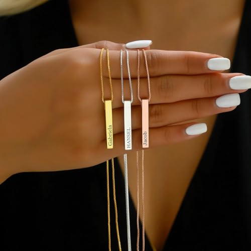 Custom 3D 4-Side Bar Necklace Personalized Vertical Bar Name Necklace Birthday Mother's Day Gifts Handmade Jewelry Gift for Women Mom Customized Bar Pendant - color: Rose Gold