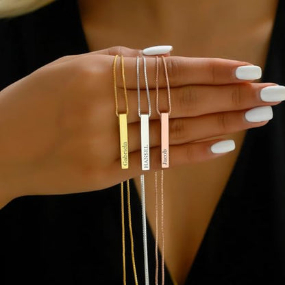 Custom 3D 4-Side Bar Necklace Personalized Vertical Bar Name Necklace Birthday Mother's Day Gifts Handmade Jewelry Gift for Women Mom Customized Bar Pendant - color: Rose Gold
