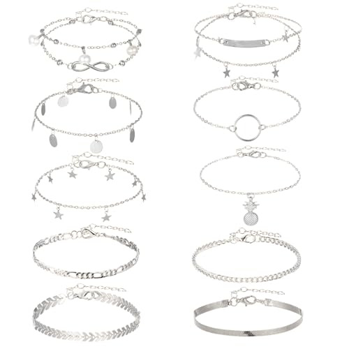 12pcs Gold/Silver Ankle Bracelets for Women Layered Waterproof 14k Cuban Link Chain Anklets Set Adjustable Dainty Summer Beach Gold Accessories Boho Bracelet Jewelry - style: 10PCS Style C