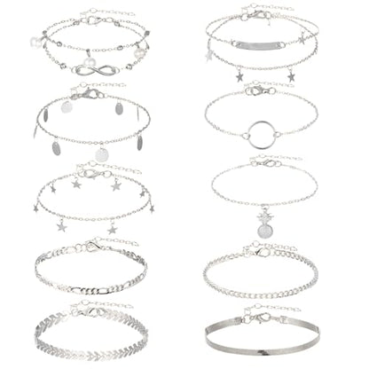 12pcs Gold/Silver Ankle Bracelets for Women Layered Waterproof 14k Cuban Link Chain Anklets Set Adjustable Dainty Summer Beach Gold Accessories Boho Bracelet Jewelry - style: 10PCS Style C