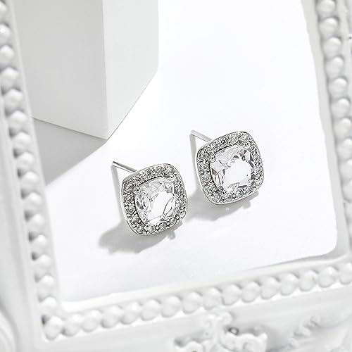 Cubic Zirconia Necklace and Earrings Set for Women 14K White Gold Plated Bridesmaid Silver Jewelry Set for Women Pendant Necklace Hypoallergenic Stud Earrings Set Jewellery Gift for Mom Wife Bride Bridesmaid - color: White-Square Shape
