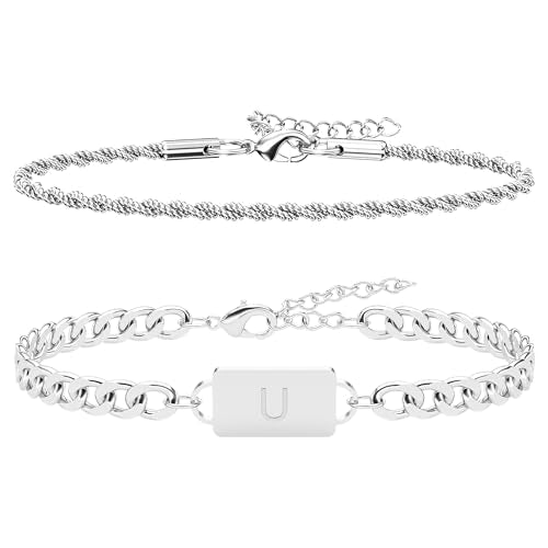 2PCS Initial Letter Stainless Steel Bracelet, A-Z Letter Pendant Silver Gold Black Cuban Rope Link Chain for Men Women Jewelry Set - color: Silver