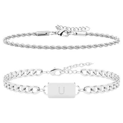 2PCS Initial Letter Stainless Steel Bracelet, A-Z Letter Pendant Silver Gold Black Cuban Rope Link Chain for Men Women Jewelry Set - color: Silver