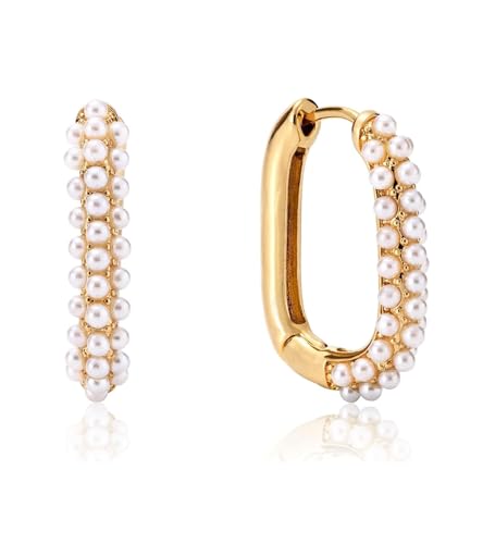 Kenivira Gold Pearl Hoop Earrings for Women | 18K Gold Huggie Dangle Earrings | Lightweight Small Hoop Earrings - color: Pearl & Rectangle