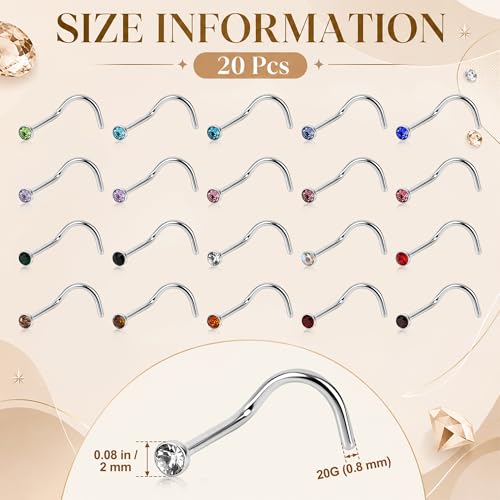 20G Colorful Rhinestone Steel Screw Nose Rings Studs Bar Pin Piercing Jewelry - color: silver