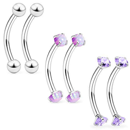 16G Eyebrow Rook Piercing Jewelry Small Belly Button Ring 316L Surgical Steel Snake Eye Tongue Curved Barbell Vertical Lip Labret Piercing Jewelry for Women Men 6mm 8mm 10mm Bars 3mm Opal CZ - color: 6PCS - Purple Opal