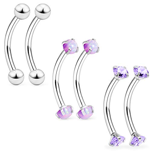 16G Eyebrow Rook Piercing Jewelry Small Belly Button Ring 316L Surgical Steel Snake Eye Tongue Curved Barbell Vertical Lip Labret Piercing Jewelry for Women Men 6mm 8mm 10mm Bars 3mm Opal CZ - color: 6PCS - Purple Opal