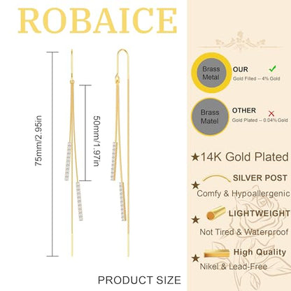 Robaice Long Gold Dangle Earrings for Women, 14K Plated Tassel Earring | Gold Chain Dangling Earrings, Trendy Drop Prom Earring, Lightweight Statement Party Jewelry, Gift for Women - style: A-long threader earrings