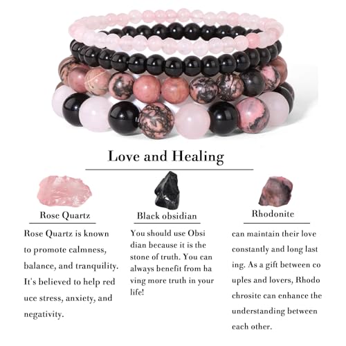 Vinswet 4pcs Beaded Bracelets for Women,Natural Healing Crystal Gemstones Bracelet,Anxiety Stress Relief Bracelet Handmade purple Jewelry Gifts for Women - color: Rose Quartz&Obsidian&Rhodonite