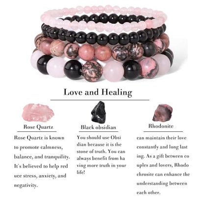 Vinswet 4pcs Beaded Bracelets for Women,Natural Healing Crystal Gemstones Bracelet,Anxiety Stress Relief Bracelet Handmade purple Jewelry Gifts for Women - color: Rose Quartz&Obsidian&Rhodonite
