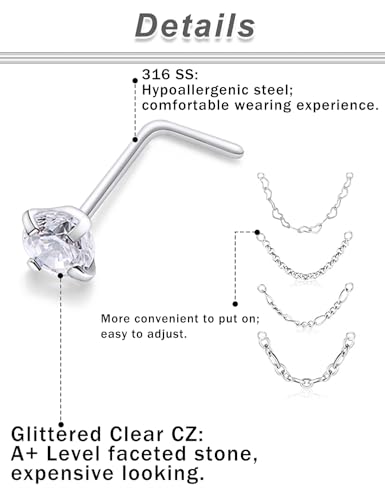 20/18G Nose Rings Chain Across Nose Piercings for Women Men Surgical Steel Double Chains Corkscrew l Shaped Bar - size: L Shape, 20g(0.8mm)