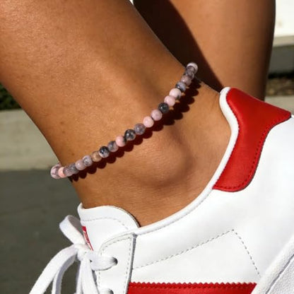 Natural Stone Beaded Anklets for Women, Handmade Boho Clear Quartz 4mm Crystal Beads Anklet, Gold Chain Adjustable Ankles Bracelet, Beach Summer Jewelry Gemstone Foot Bracelet Gift - color: Pink Zebra Jasper