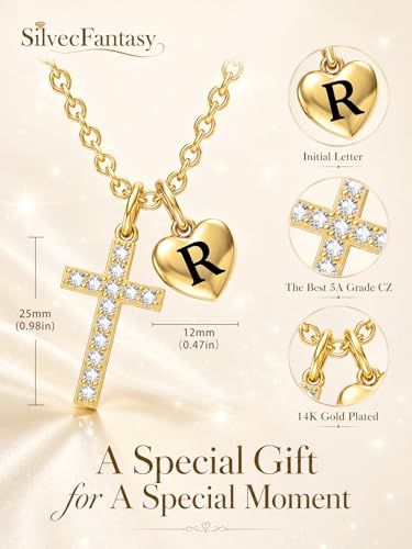 14K Gold Cross Necklace for Women Initial Letter Pendant Necklaces for Women, 14K Gold Dainty Simple Monogram Alphabet Necklace with Cable Chain, Birthday Gifts for Women - style: 14K Gold R
