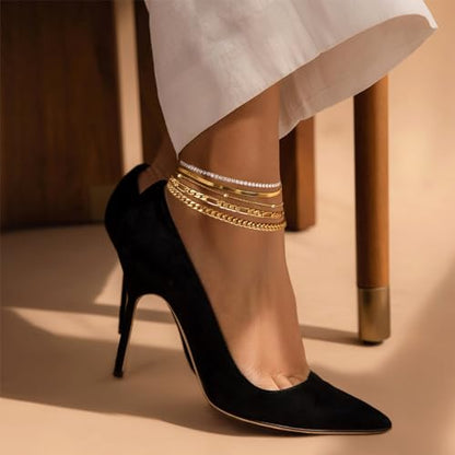 Gold Ankle Bracelets for Women,14k Gold Plated Anklets Waterproof Cuban Link Tennis Herringbone Beaded Chain Anklets Set Layered Anklet Bracelets for Women Adjustable Summer Beach Jewelry 5pcs - color: A:Gold cuban+bead+tennis+herringbone+figaro