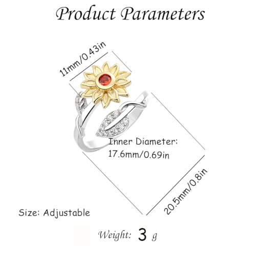 Hebelee Rotatable CZ Sunflower Spinner Ring for Women Fashion Crystal Rotating Flower Stackable Statement Open Wrap Finger Rings Comfort Fit Adjustable Fidget Anxiety Relieving Stress Jewelry - color: Leaf