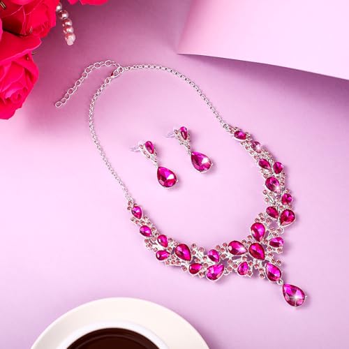 Hicarer Bridal Teardrop Cluster Crystal Jewelry Set for Women Necklace Earrings Wedding - color: Rose Red
