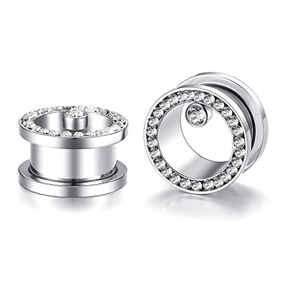 WBRWP 2pcs Hollow Gold Stainless Steel with Zircon Ear Plugs Tunnels - Ear Expander - Ear Gauges Stretcher Body Piercing Jewelry 8g-5/8 - color: 1pair with big zicron in silver color